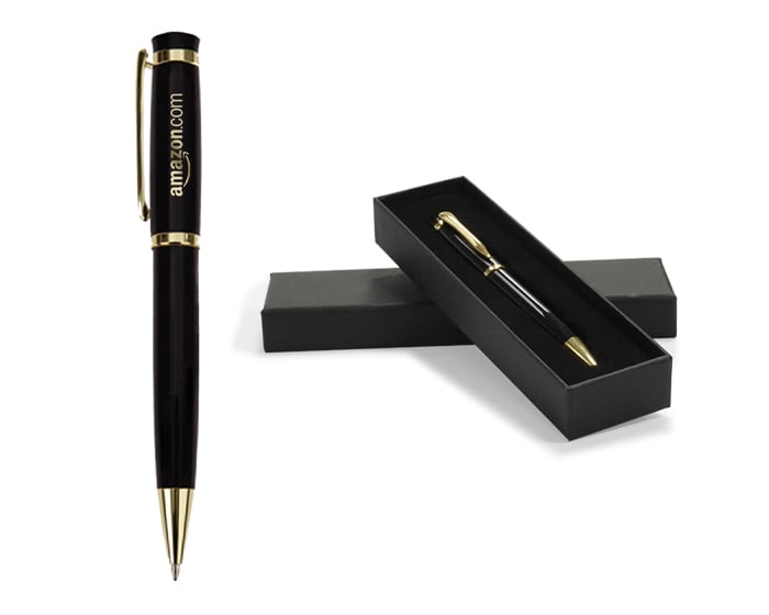 Black pen with Amazon logo, gold accents, and clip, displayed with matching black gift box.