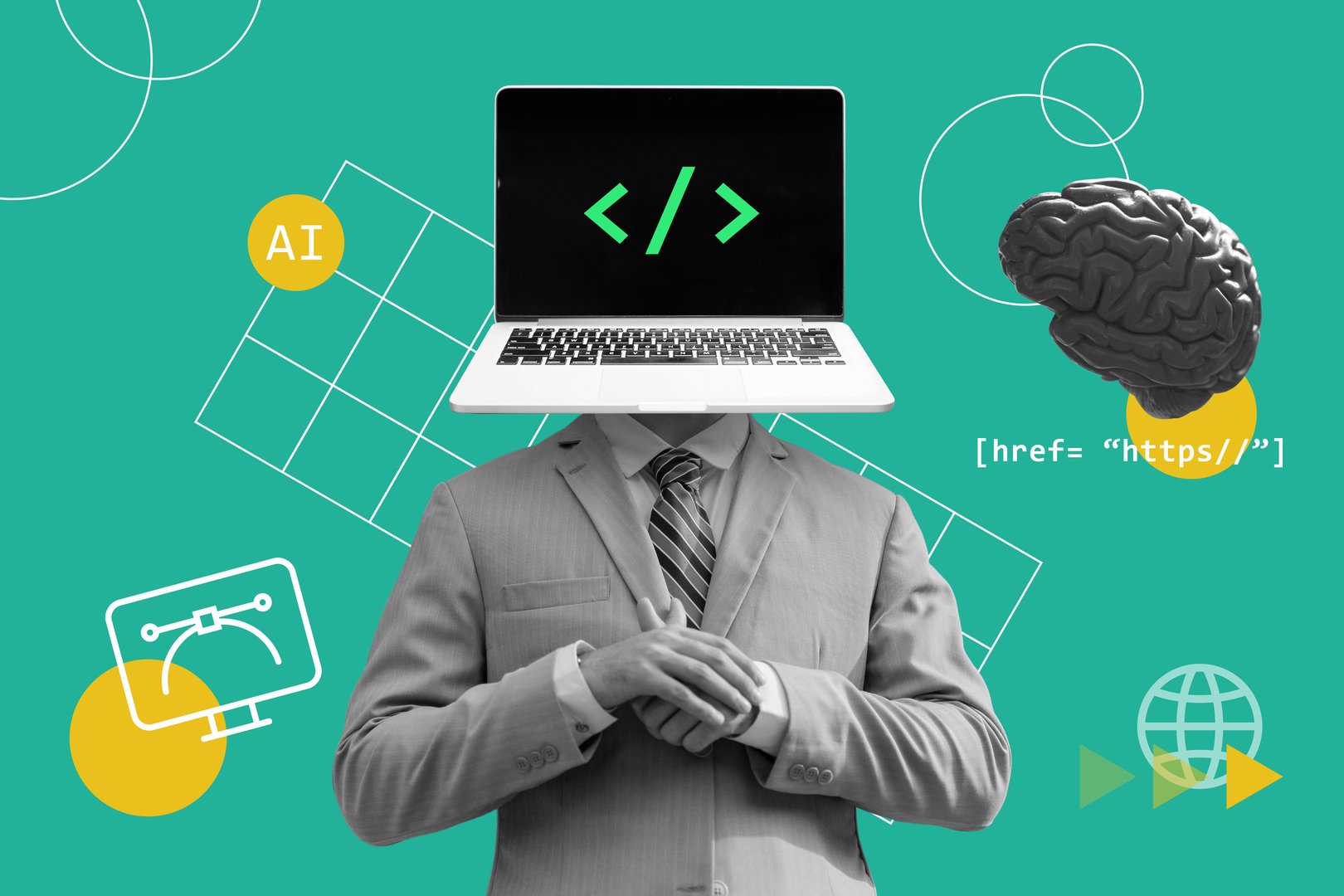 Machine learning to help coding, programming, and website development. Man with laptop head with tagging symbol and elements,  AI agent collage illustration concept.