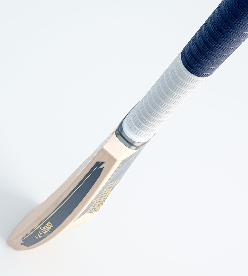 A modern wooden cricket bat with generic brand decals on an isolated white background - 3D render