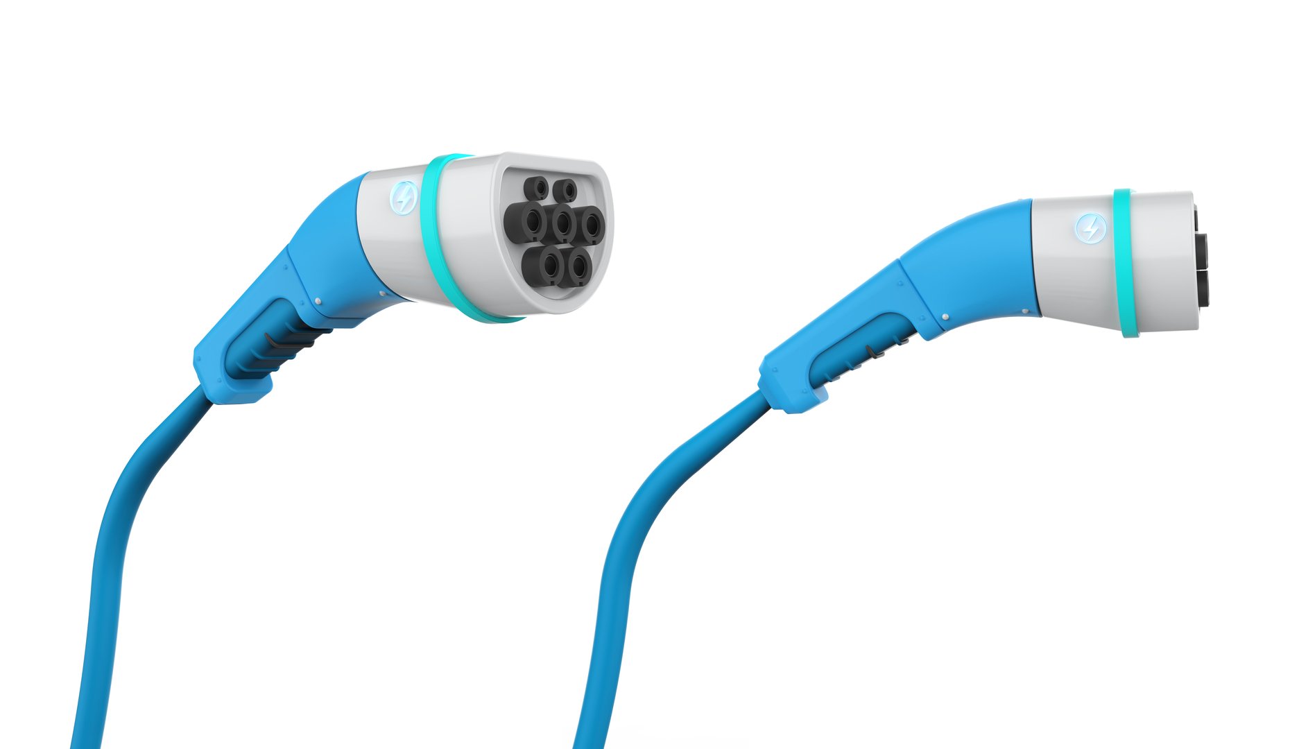 3d rendering set of ev charger connector or electric recharging plug isolated on white background