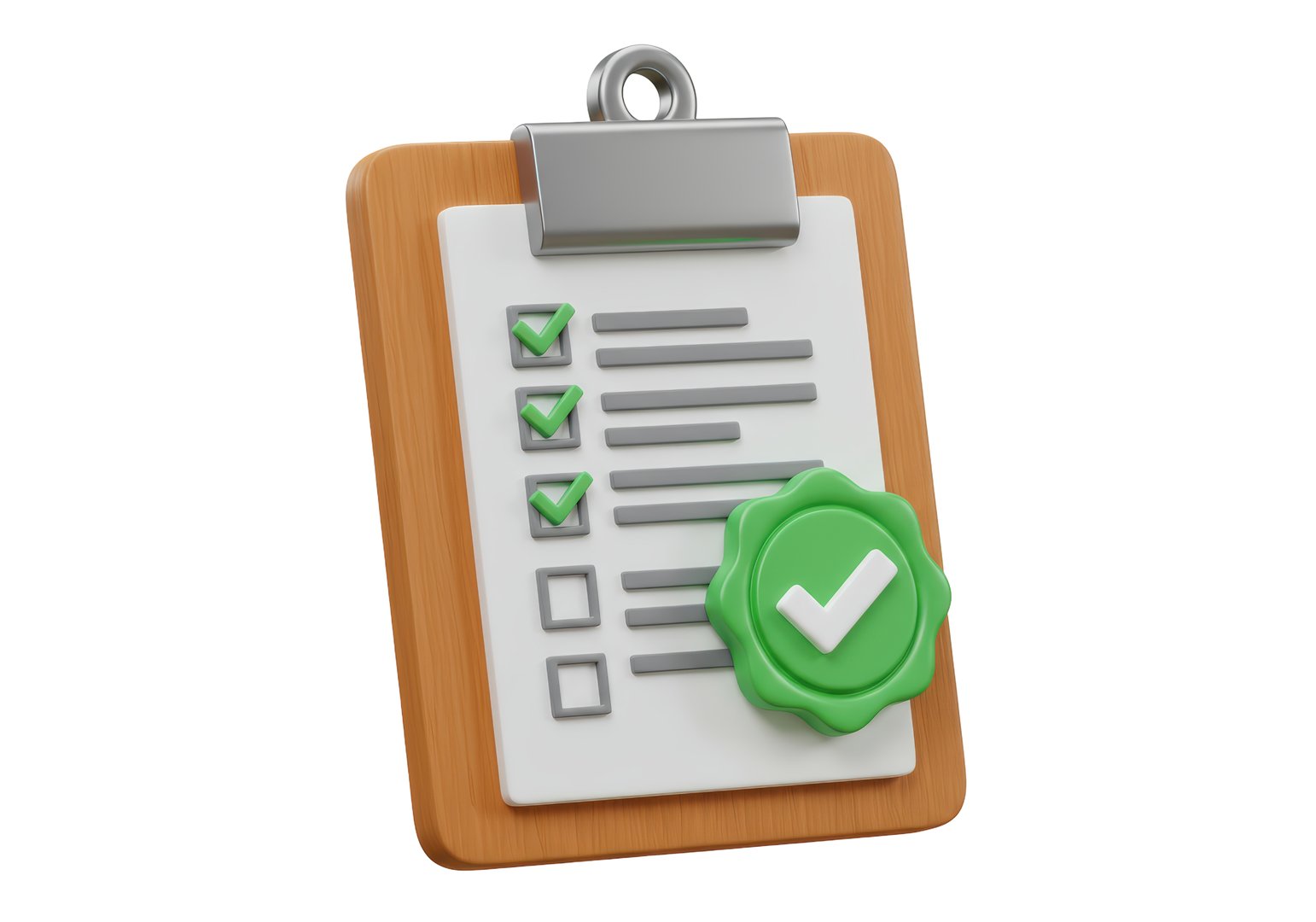 Isolated Clipboard with Green Checkmarks and Seal of Approval