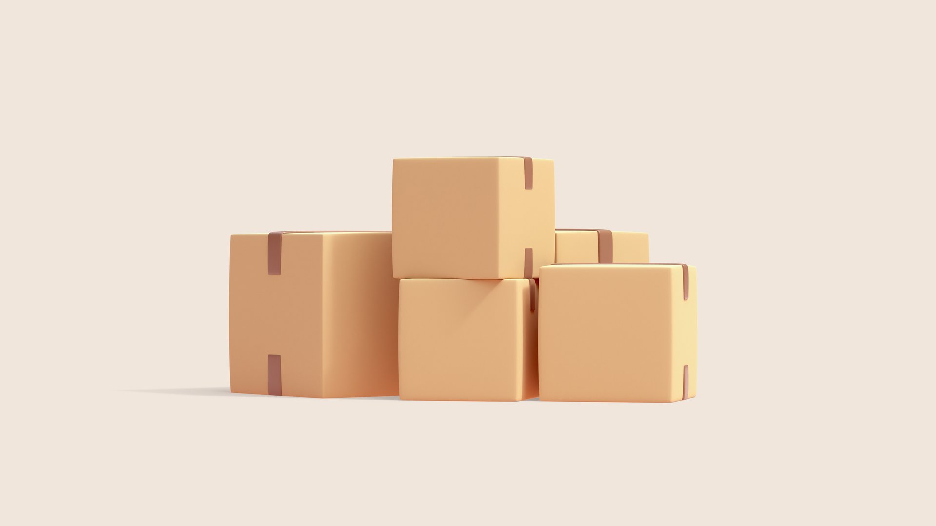Minimal stylized simple beige cardboard boxes with brown tape. Stacked pile of boxes of sealed goods, personal stuff, home supplies ready for relocation. Moving day concept. 3d render in pastel colors