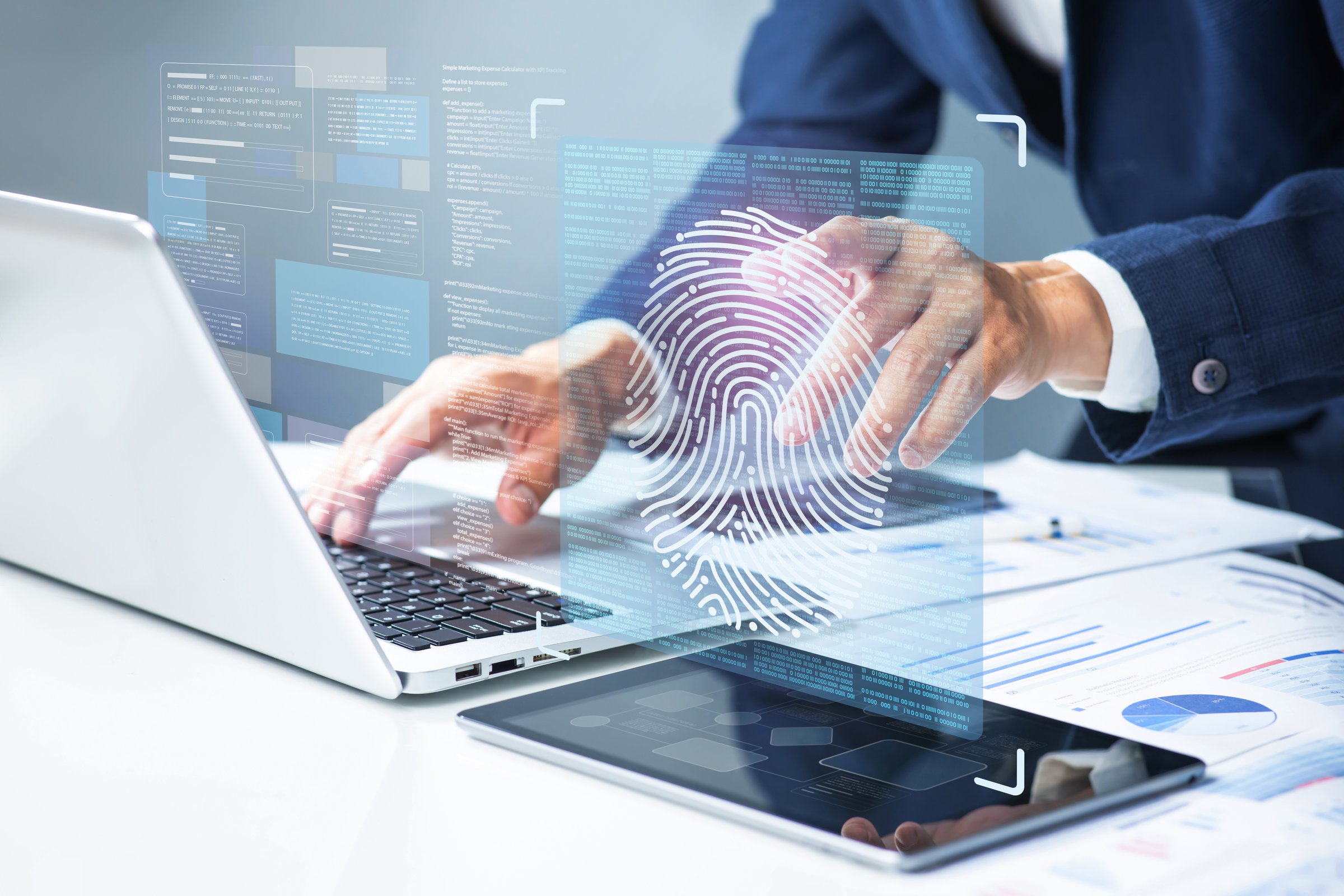 Technology intelligence  concepts with fingerprint identification,personal identity verification or authentication,data assets protection.cyber security management.not ai generated