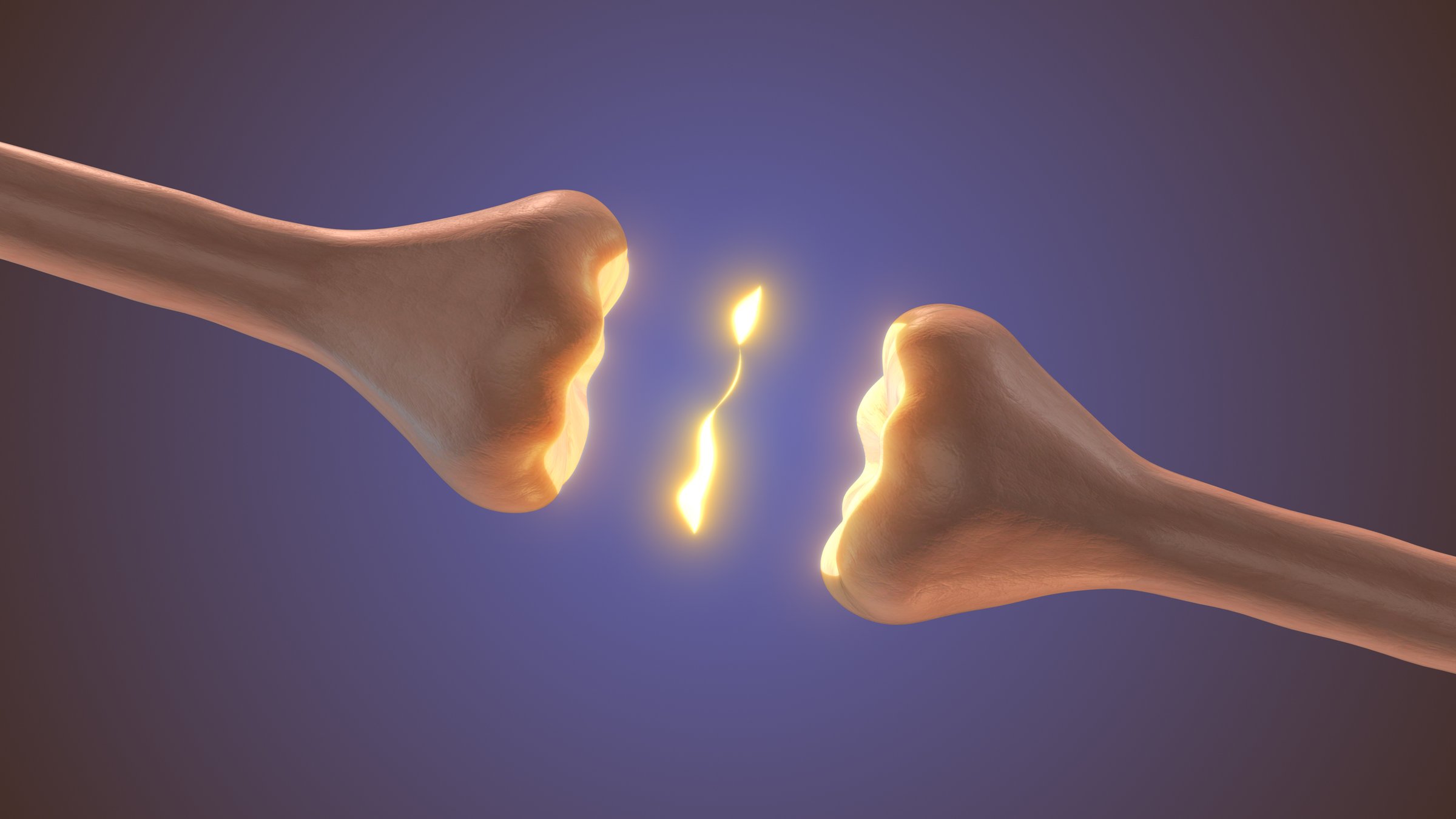 This image shows two nerve cells (neurons) that look like they are almost touching. There is a small glowing light between them. This light represents an electrical signal moving from one neuron to another. Neurons use these signals to send messages inside the brain and the body. Useful for science, medicine, biology, and technology themes.