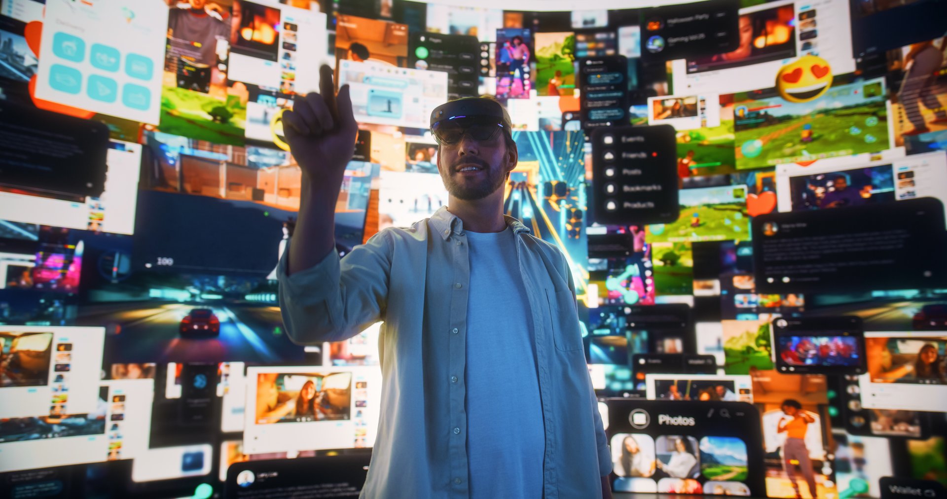 Portrait Of Caucasian Man Wearing Augmented Reality Glasses And Surfing Cyberspace Interface. Male Using Gestures To Browse Web Content, Watch Video Streaming, Social Media Influencers In AR.