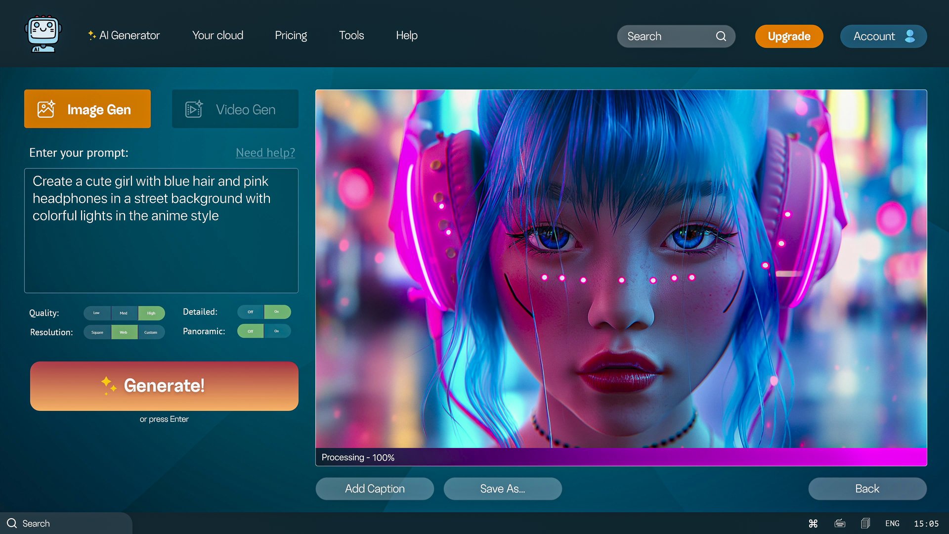 User interface of AI image generator. Artificial intelligence chatbot generate detailed high-quality image of cyberpunk girl in headphones with neon lights in anime style. Advanced generated photo.