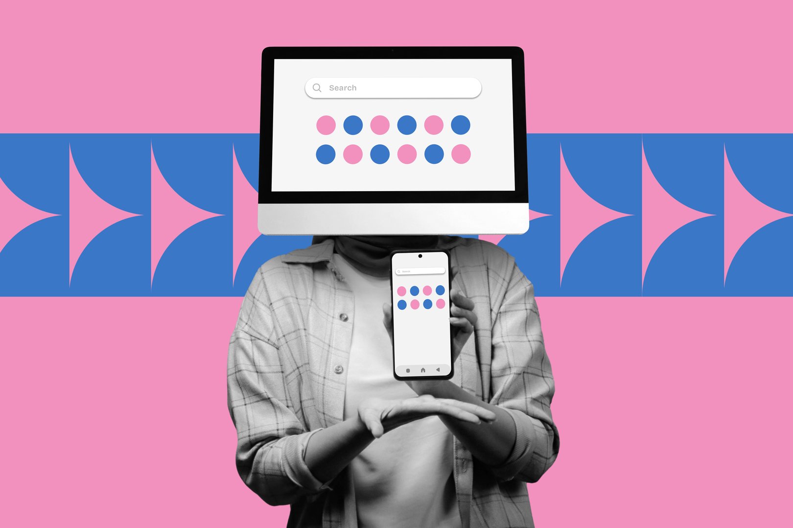 Web developer working on user interface design, wireframes on desktop and smartphone screen. Responsive website design collage concept in Bauhaus and pop art style