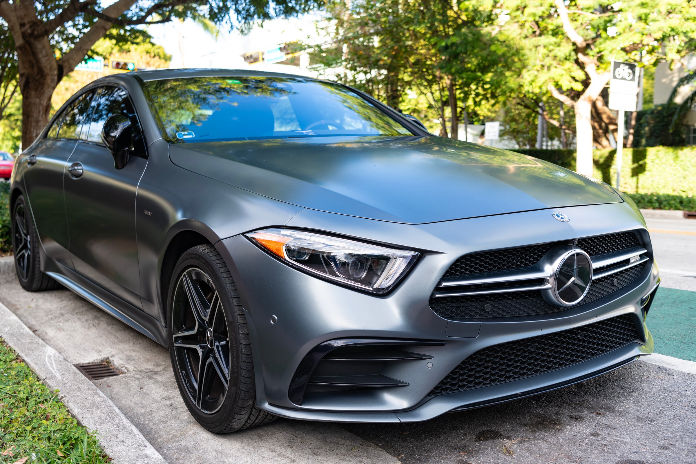 Miami, Florida, USA - December 09, 2024: Mercedes Benz CLS 2019 amg turbo car. Luxury car of Mercedes Benz CLS type. Car of Mercedes Benz parked outdoor. Mercedes Benz CLS, corner view.