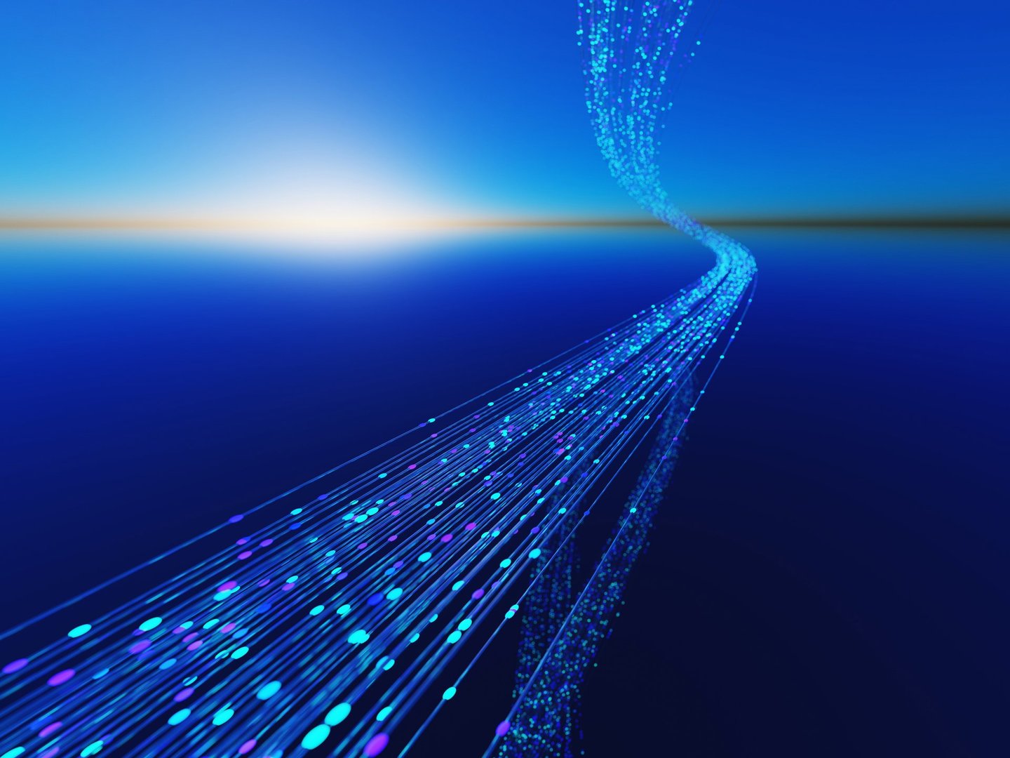 Abstract futuristic concept showing fiber optic light streams stretching across the ocean toward the horizon under a blue sky. Symbol of global connectivity, high-speed internet, digital communication, and worldwide data transfer. Ideal for technology, innovation, and network design themes.