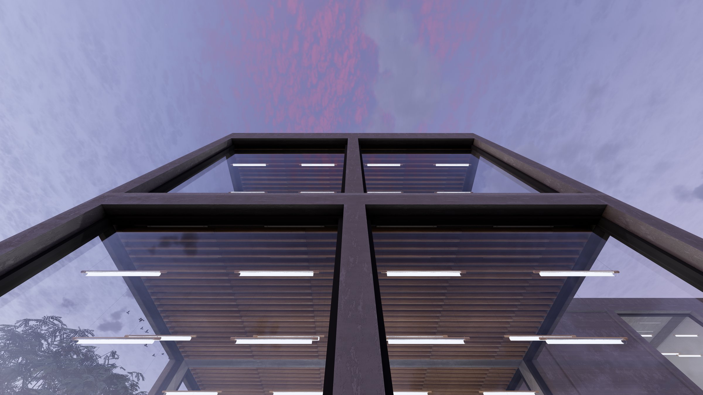 Upward view of a modern glass building with wooden beams, reflecting a cloudy sky during sunset with pink hues.