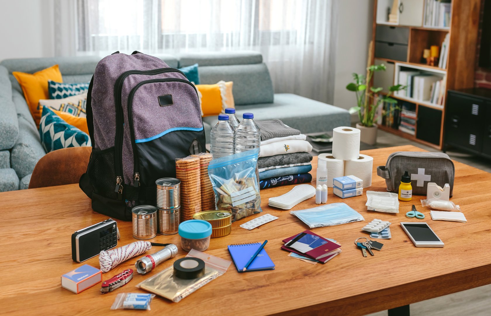 Emergency backpack equipment organized on the table in the living room