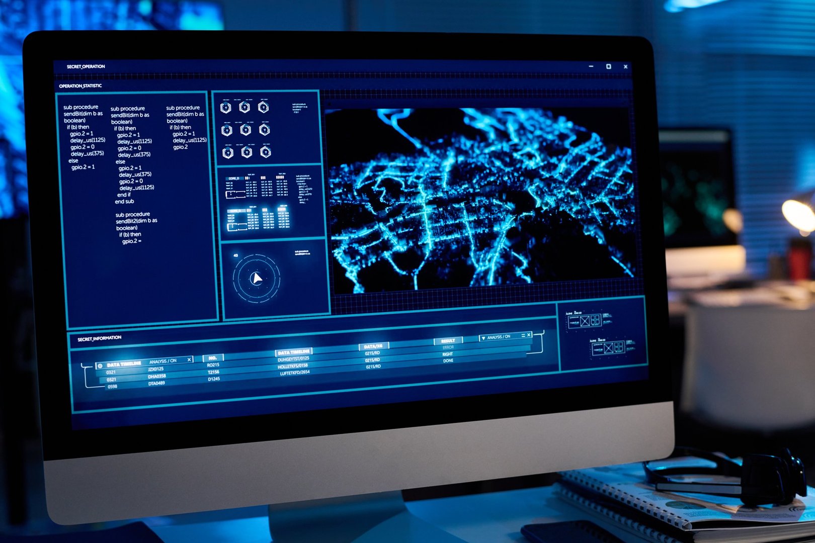 Desktop computer with army location data on screen standing on workplace in modern military command center