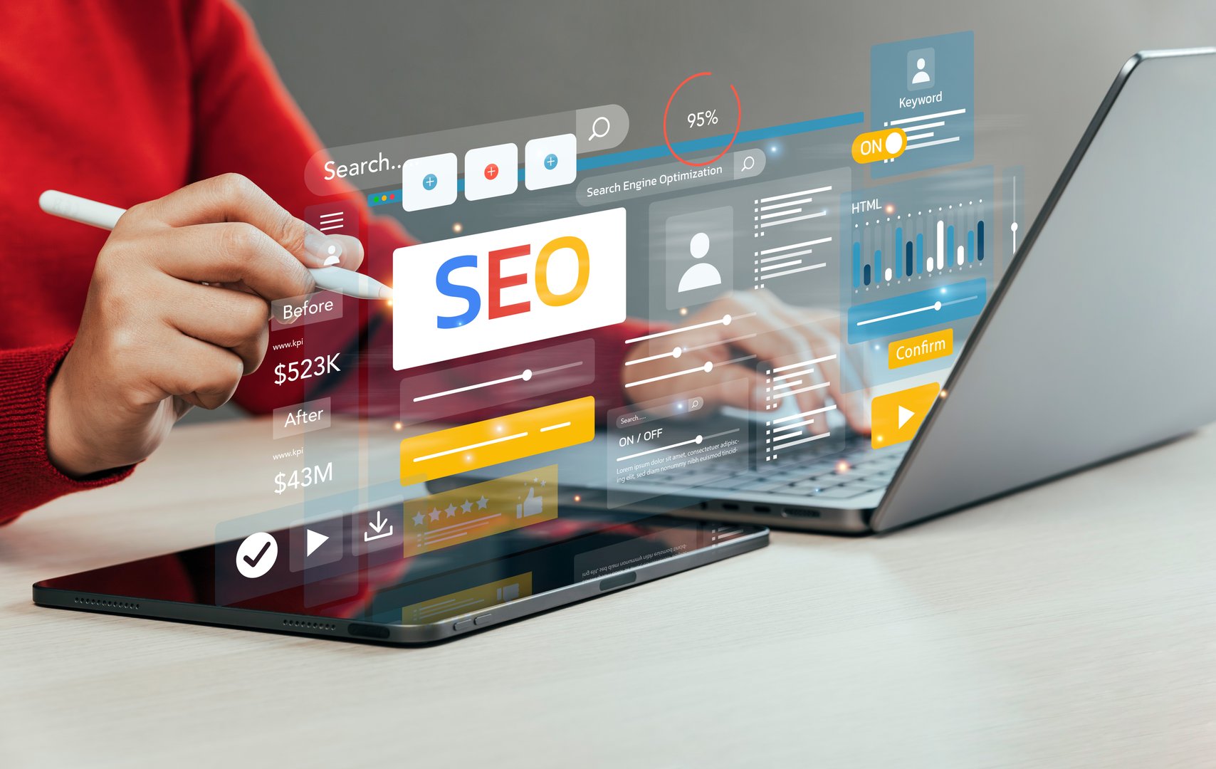 Businessman Analyze Optimize Web Banner Search Engine SEO For Business And Marketing Website Traffic Ranking Optimization Links And Keywords