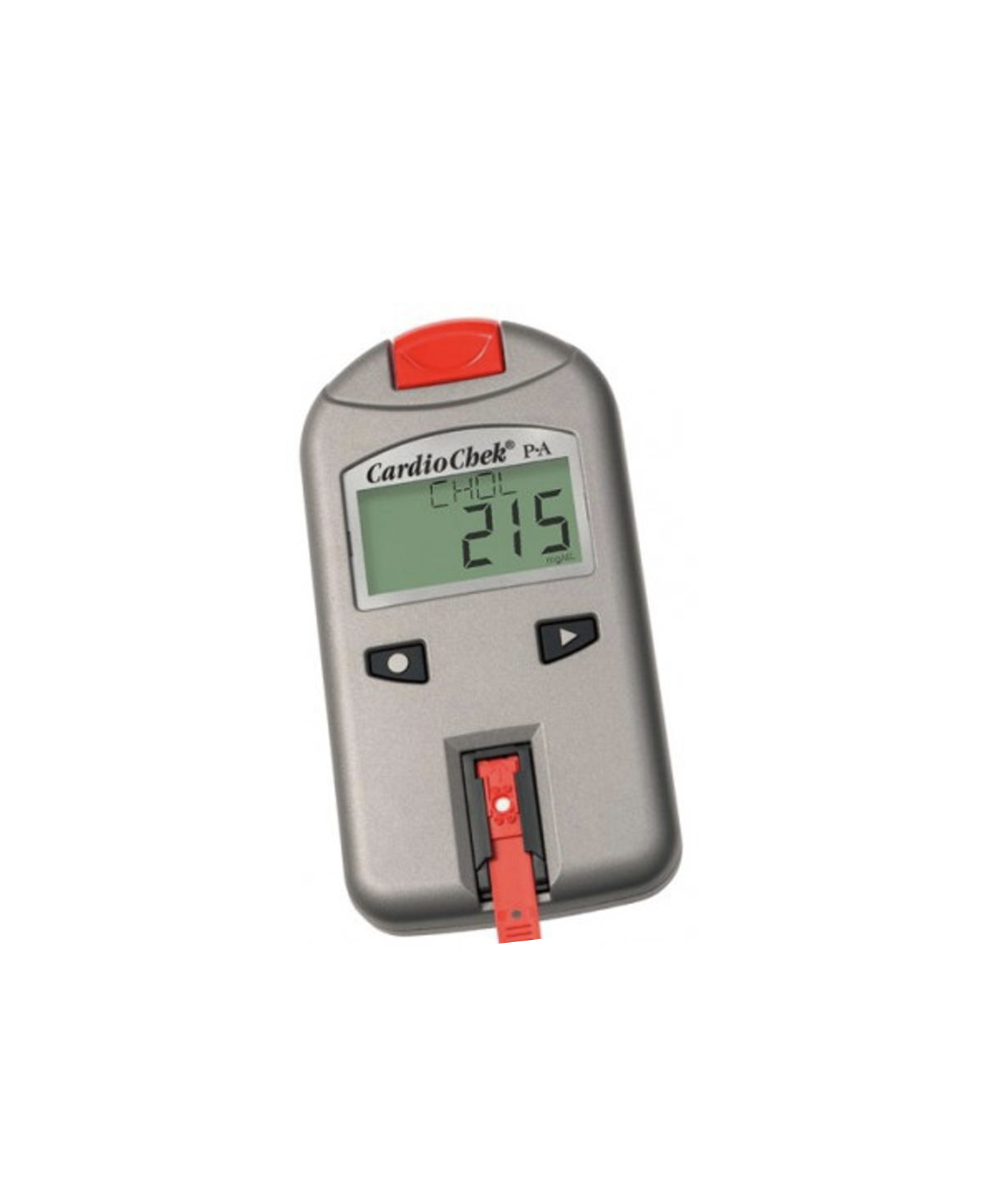 A cholesterol monitoring device displaying a reading of 215. It has a digital screen and a red test strip inserted.