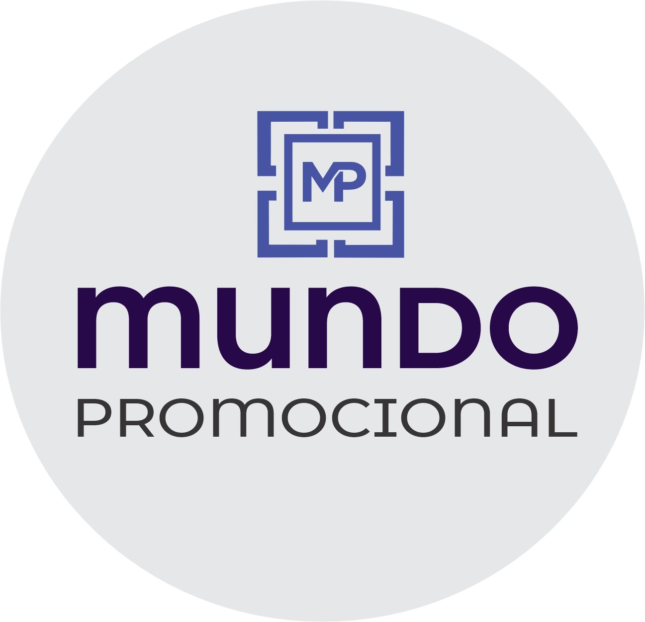 Logo of Mundo Promocional with MP in a geometric frame above the name, set on a light gray circular background.