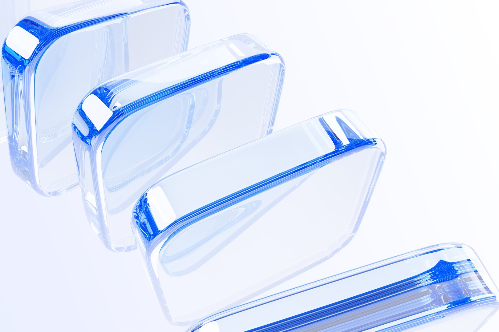 Abstract light blue background with glass transparent block shape array. Futuristic digital technology, data structure of crystal glossy square plates, line gradient pattern render. 3D illustration