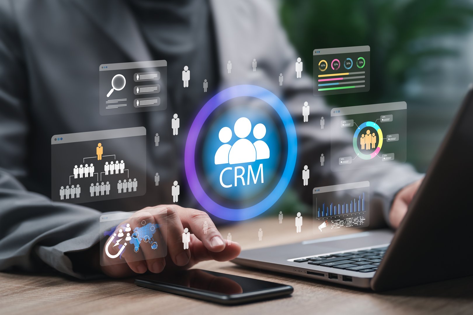 CRM, Customer Relationship Management Concept, Businessman Using CRM System Enhance Customer Relationship Management Through Data Analytics, Automation for Improved Customer Tracking, Engagement