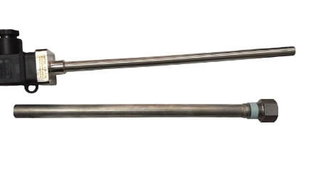 Two metal rods with threaded ends, one with an attached black electronic component.