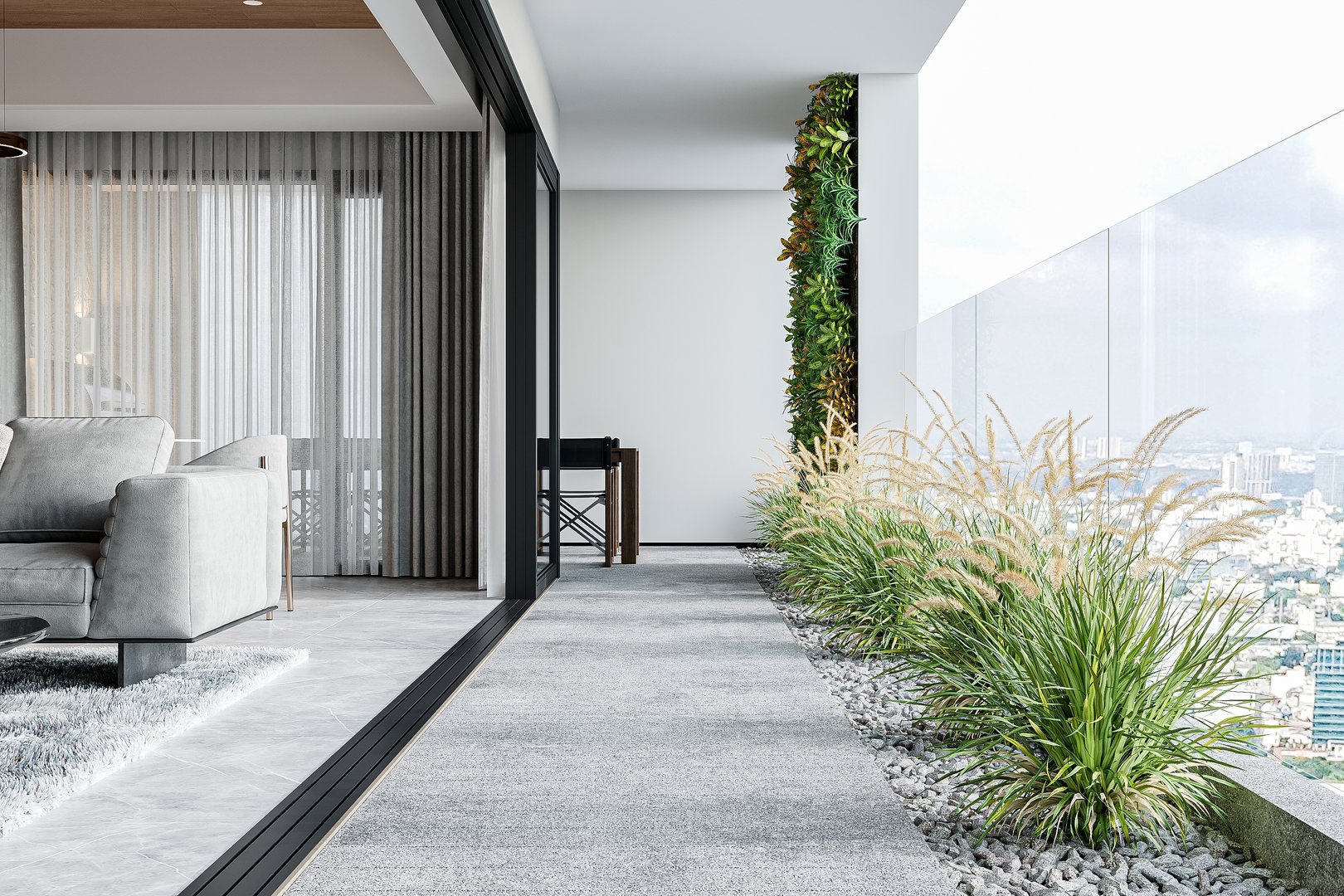 Modern Balcony with Glass Railing and Greenery Overlooking Cityscape