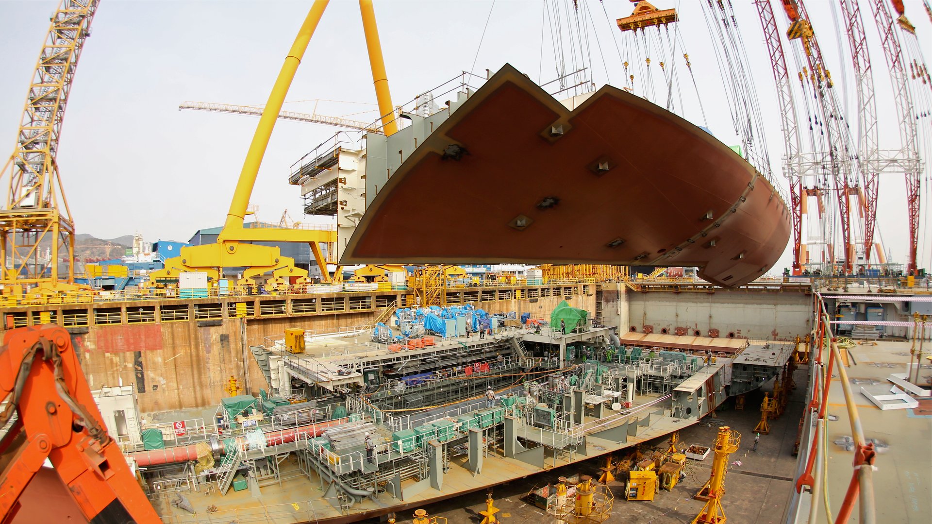 Ship module installation in dry dock.