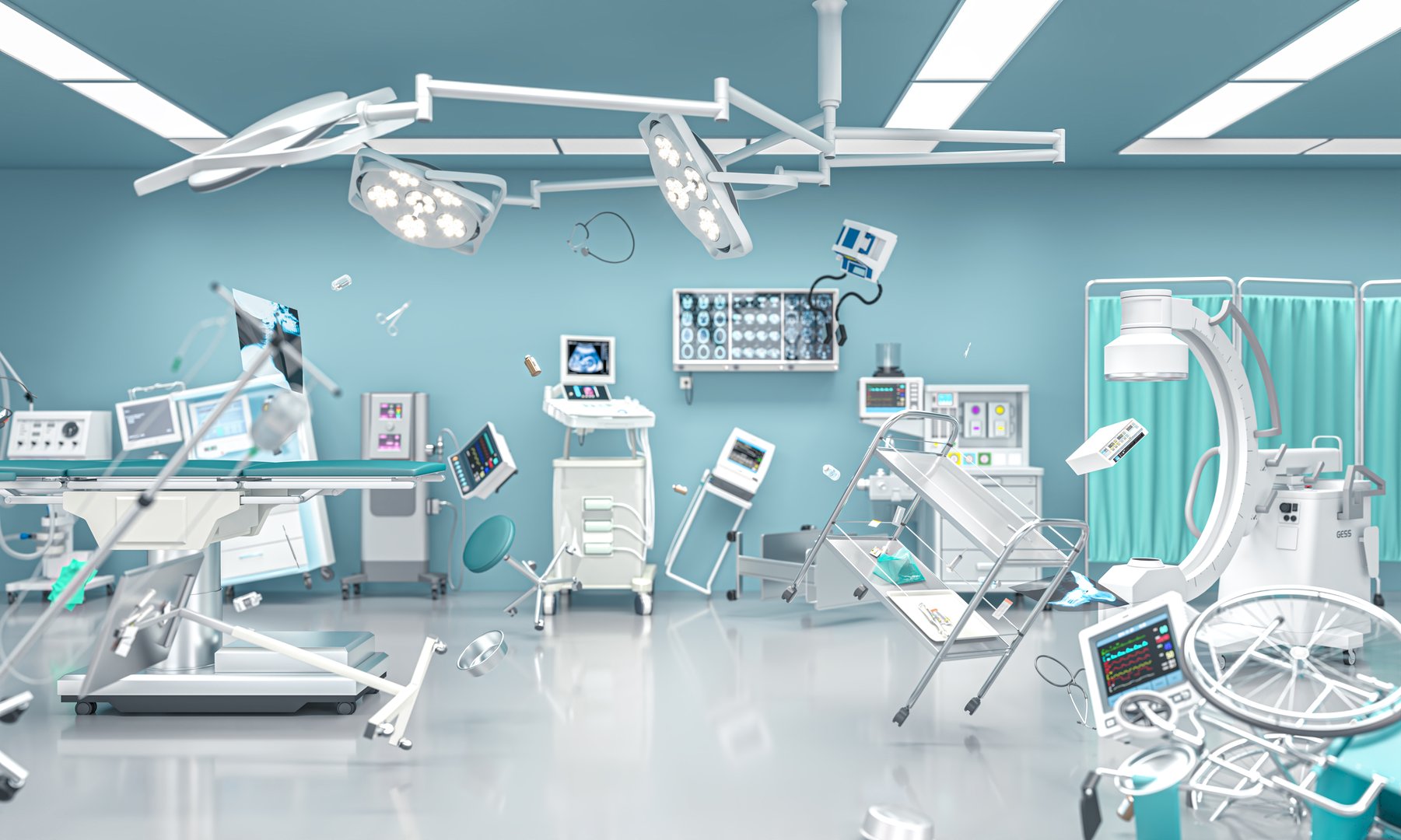 Futuristic zero gravity operating room with surgical instruments and medical equipment floating in the air
