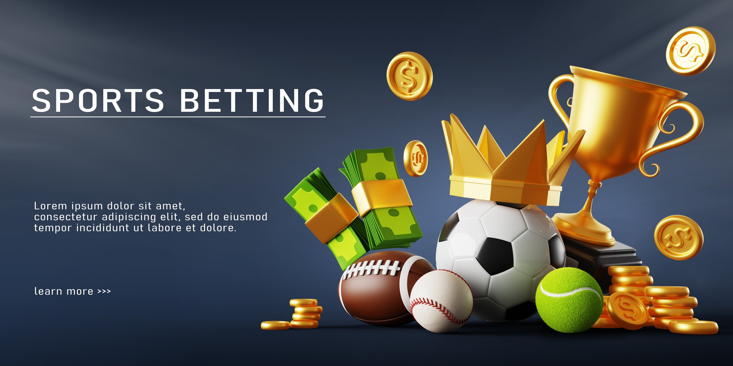 Sports betting banner. Winner prize with championship cup, gold coin and dollar money, ball with crown on dark background. Bet on American football, baseball or tennis, bookmaker win. 3D illustration