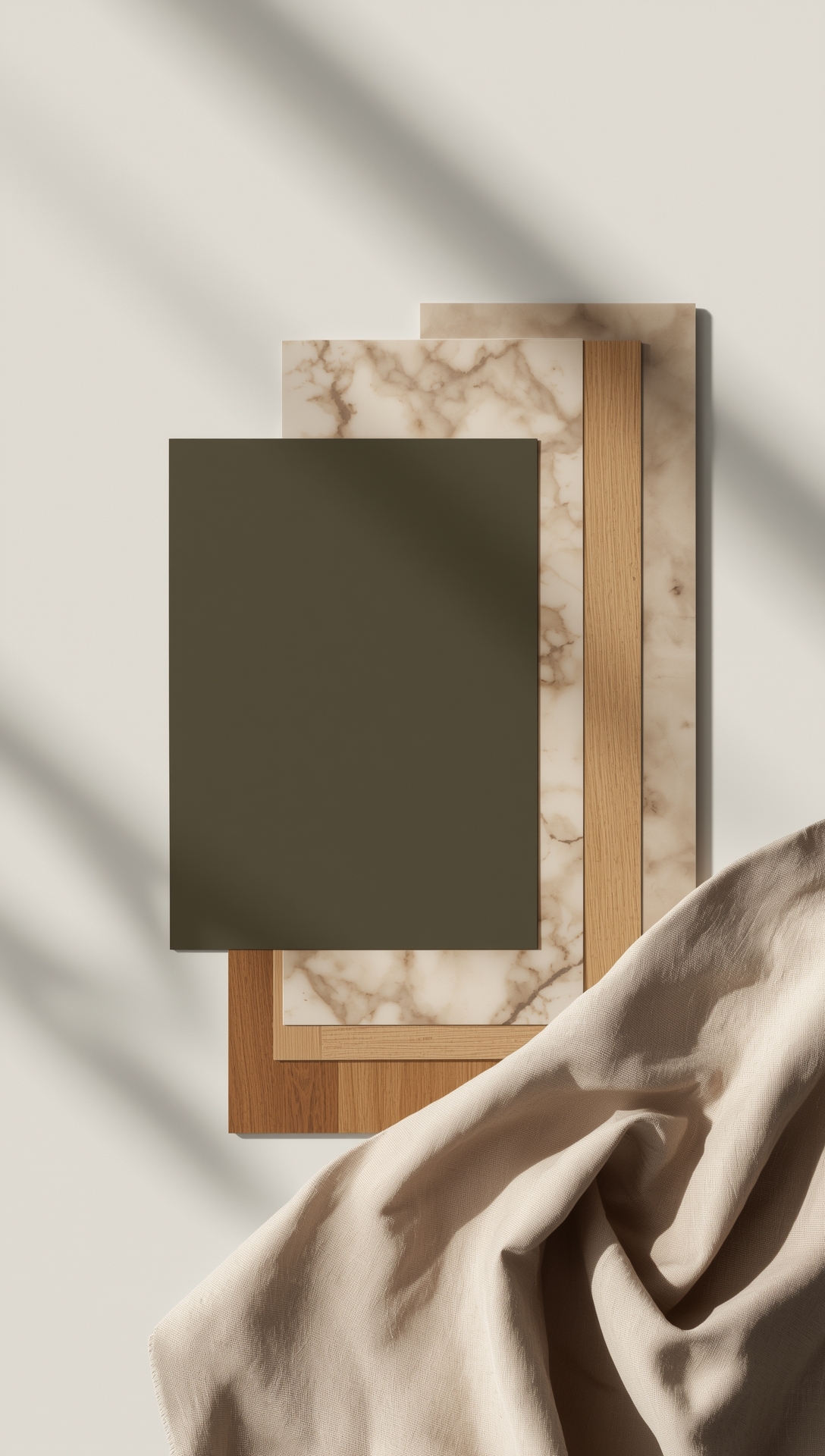 Moodboard for olivengrønt kjøkken med stein/marmor, treverk og tekstiler i greige toner.