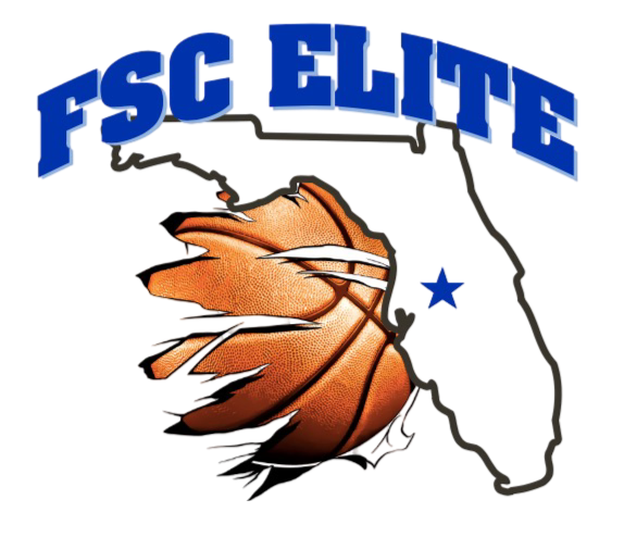 Logo of FSC Elite featuring a basketball breaking through the outline of Florida with the text "FSC Elite" on top.