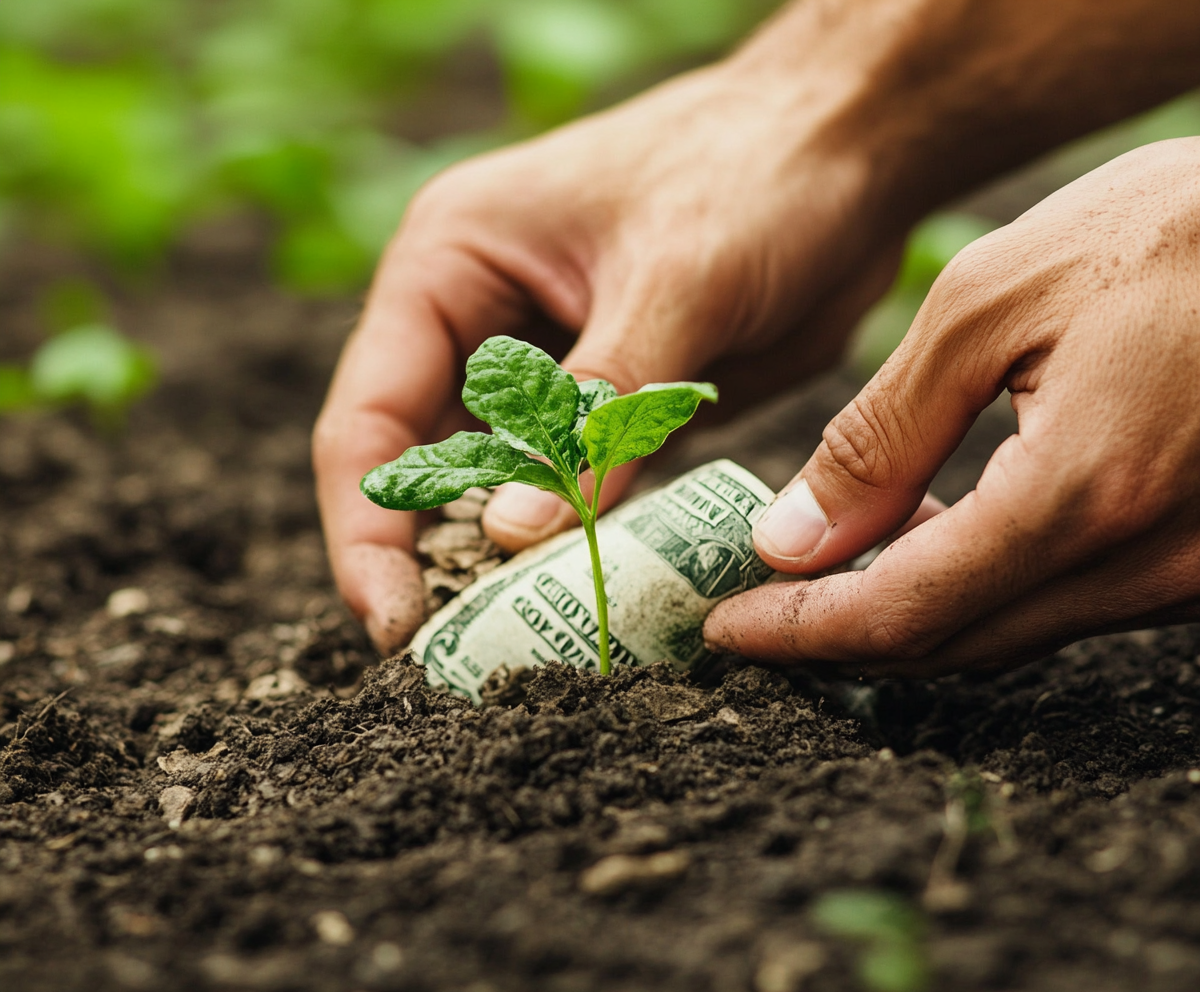 Hands planting a small green plant wrapped in a dollar bill into soil, symbolizing investment or financial growth.