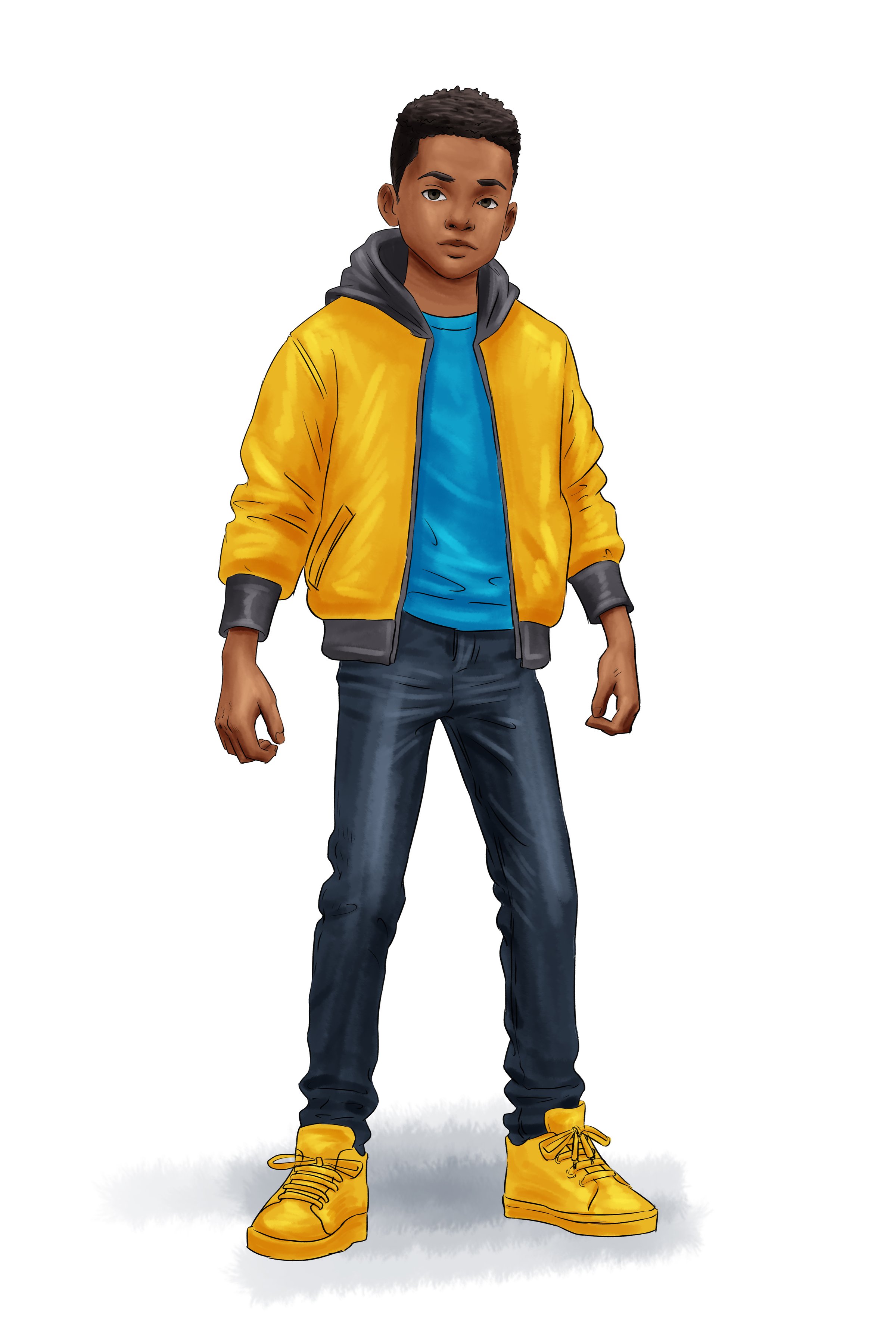 Illustration of a boy wearing a yellow jacket, blue shirt, and matching yellow shoes, standing confidently.
