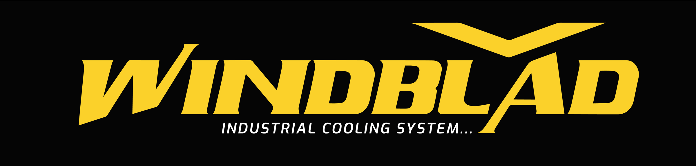 Logo for Windblad Industrial Cooling System, featuring bold yellow text and a stylized arrow on a black background.