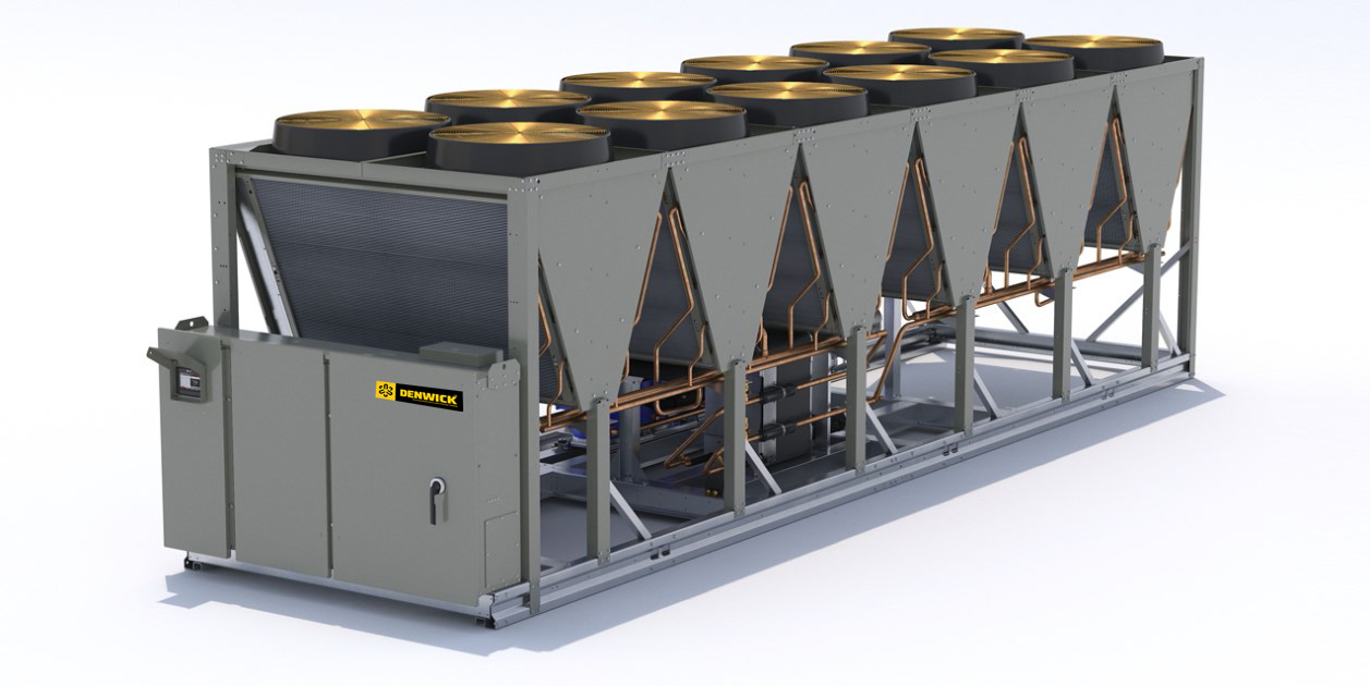 Large industrial HVAC unit with multiple fans on top, branded LENNOX, designed for commercial cooling applications.