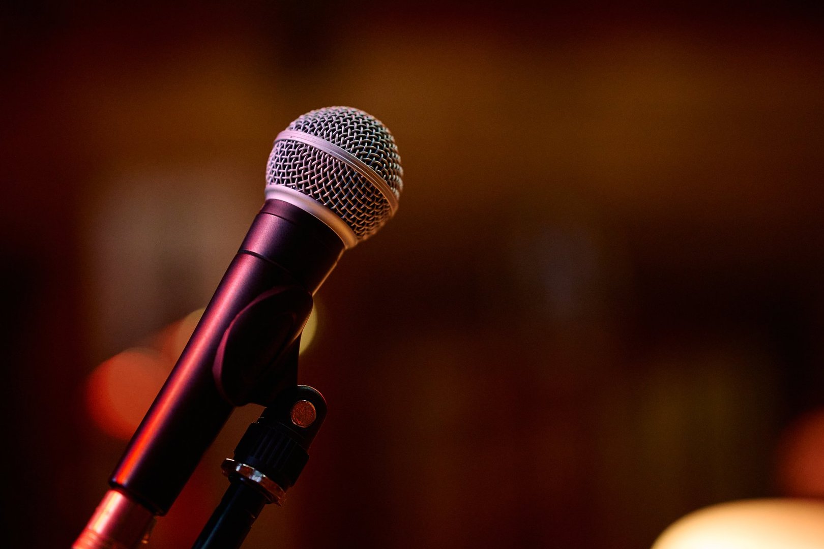 A microphone stands prominently on stage, prepared for an intense heavy metal concert. The atmosphere is charged with anticipation as fans gather, eager for a night of powerful music.