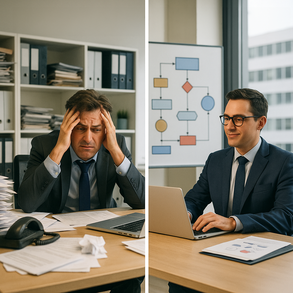 Split image of two businessmen; one stressed with paperwork, the other calm, working on a laptop with a flowchart behind him.