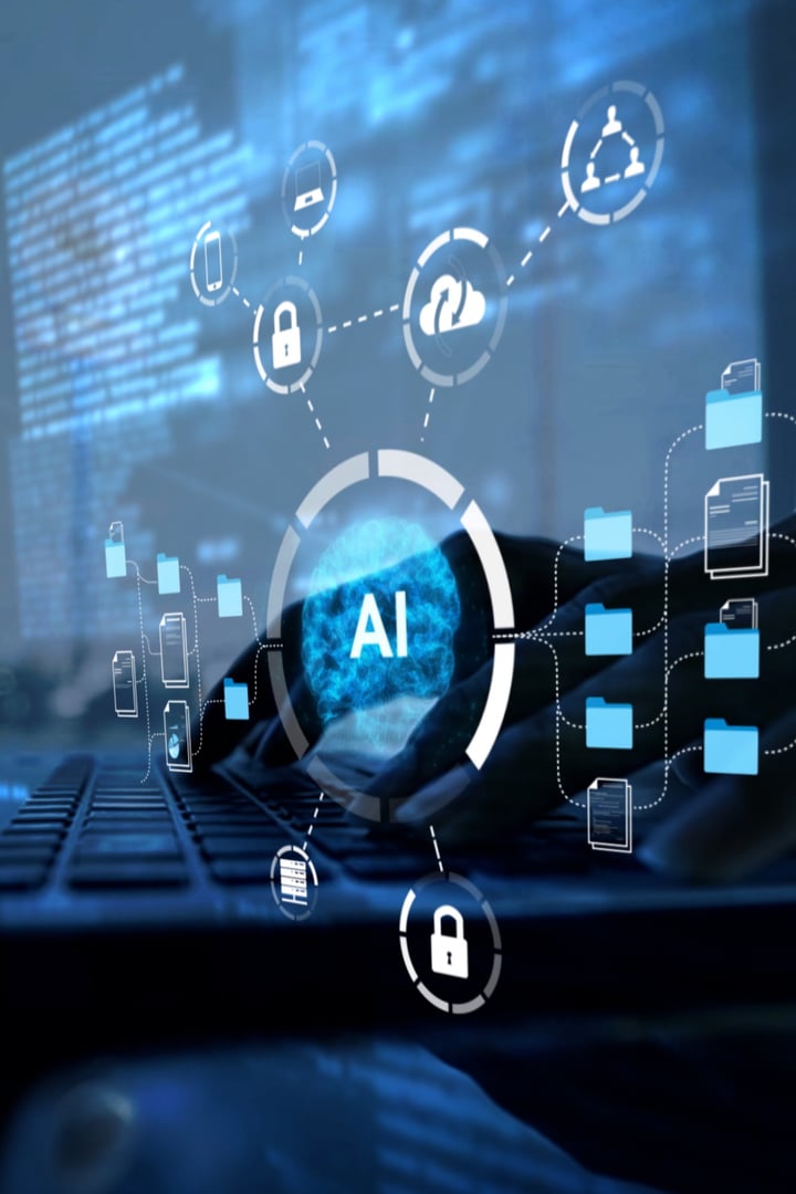 Businesswoman working modern compter Ai Document Management System (DMS),Virtual online documentation database and process automation to efficiently manage files, knowledge and documentation in enterprise with ERP.