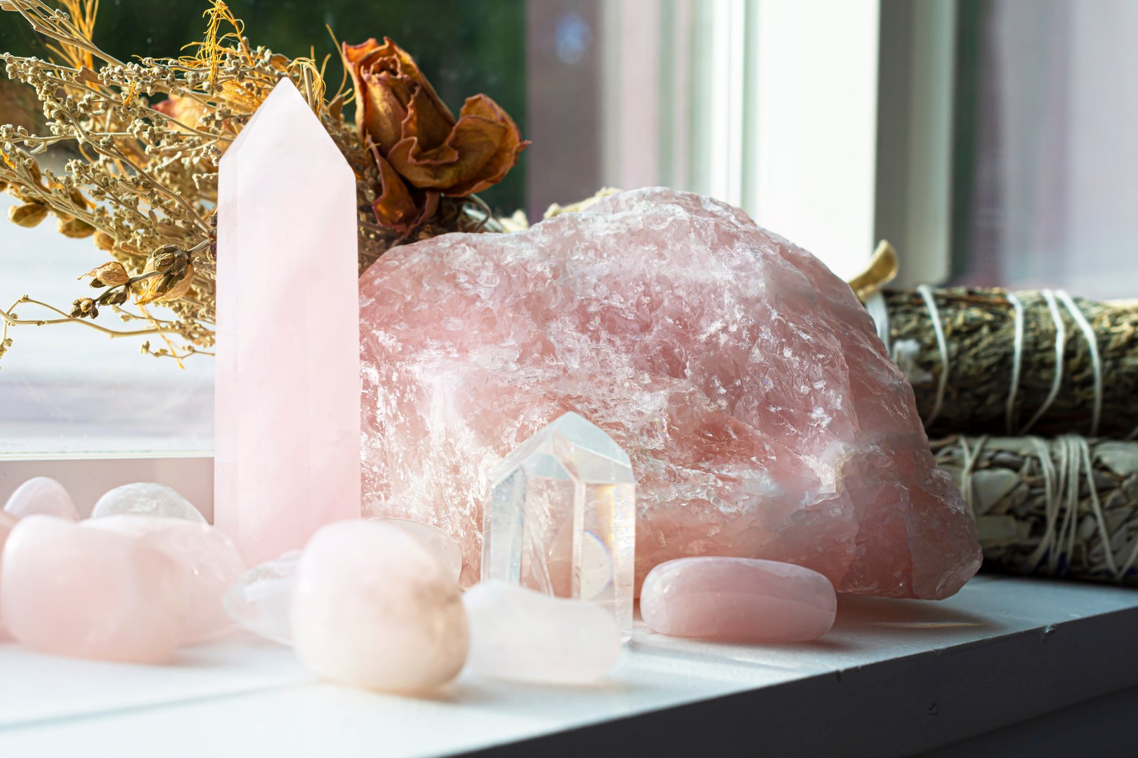A variety of rose quartz crystals and white sage smudge sticks on a white window ledge.