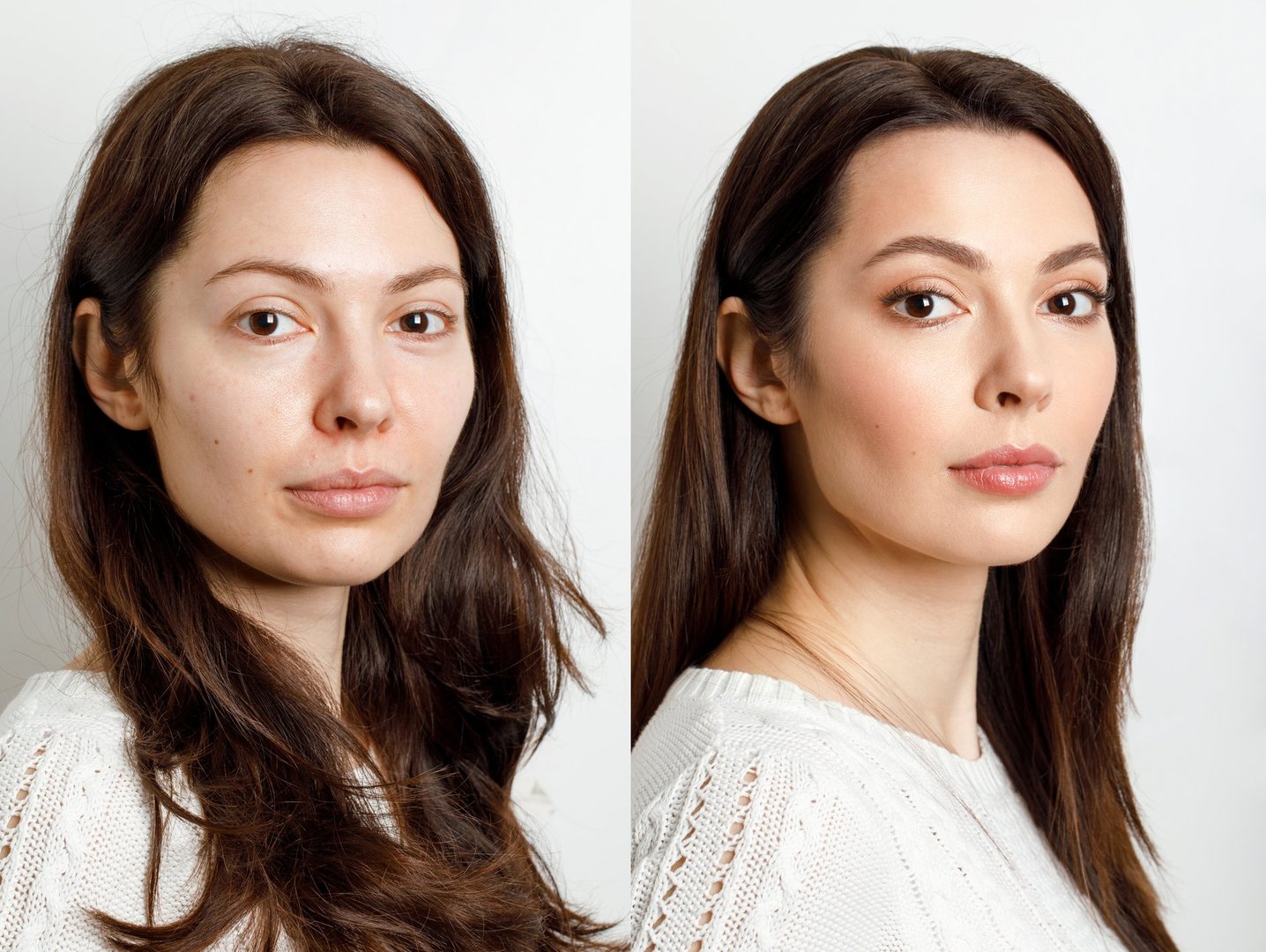 Woman before and after makeup. . The concept of transformation, beauty after applying makeup with a makeup artist. Result without retouching.