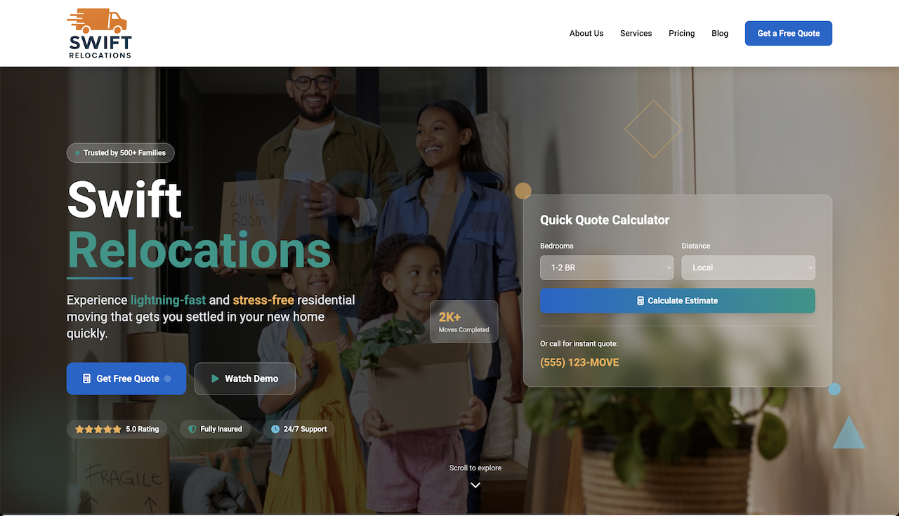 Screenshot of example moving company website