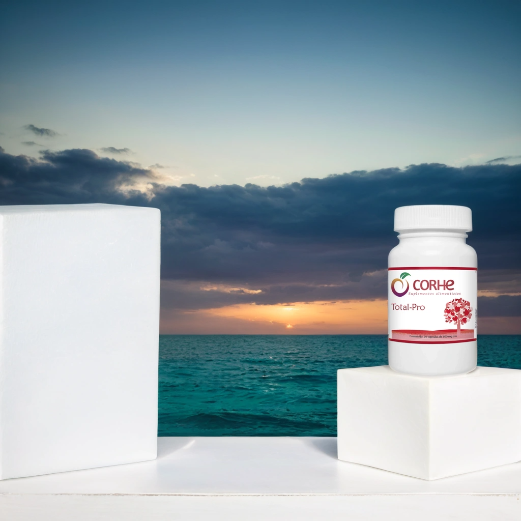 A bottle labeled Total-Pro from CORHE on a white platform with an ocean sunset in the background.