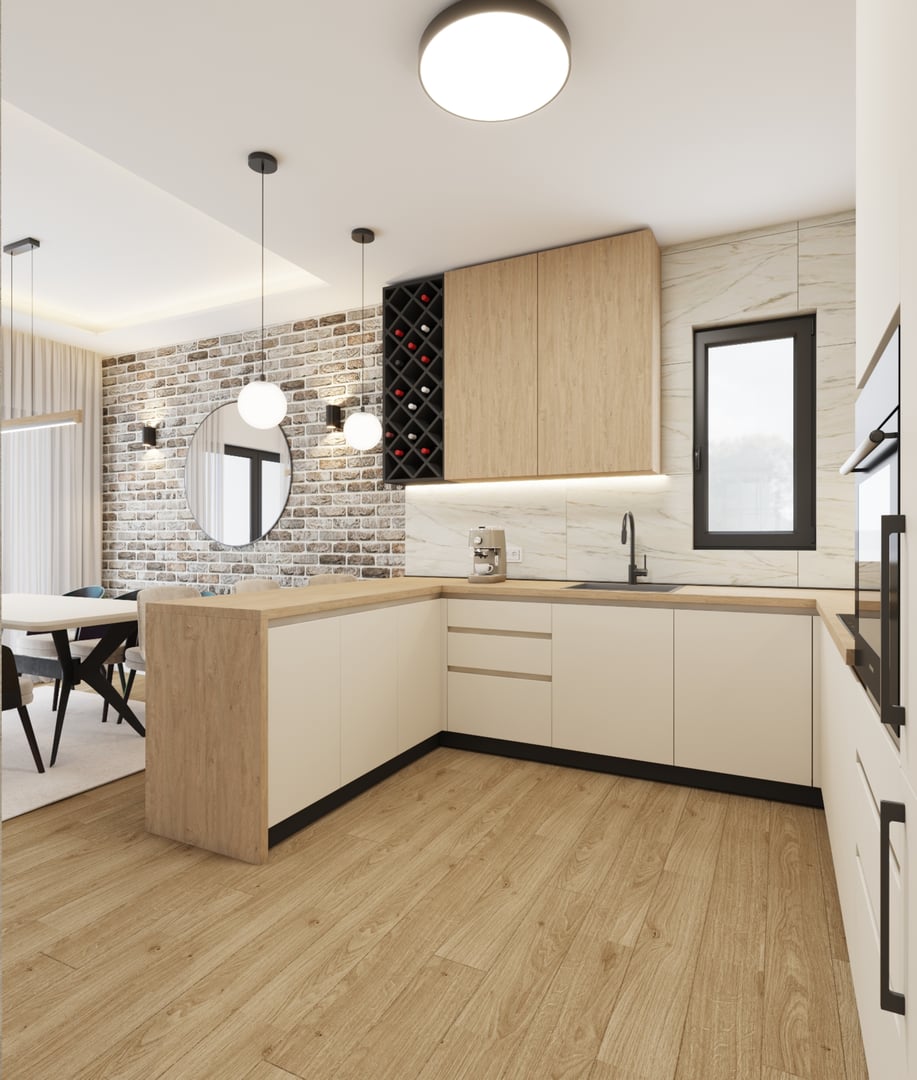 A contemporary kitchen features wooden cabinetry, marble backsplash, and brick wall details with modern furnishings, pendant lights, and a dining area for a cozy yet stylish living space.