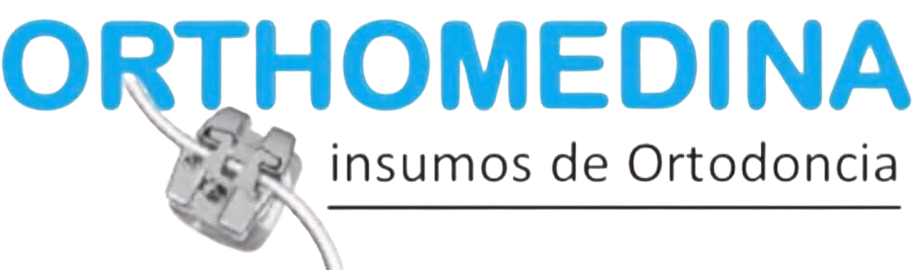 Orthomedina logo with orthodontic bracket and wire, text reads insumos de Ortodoncia.