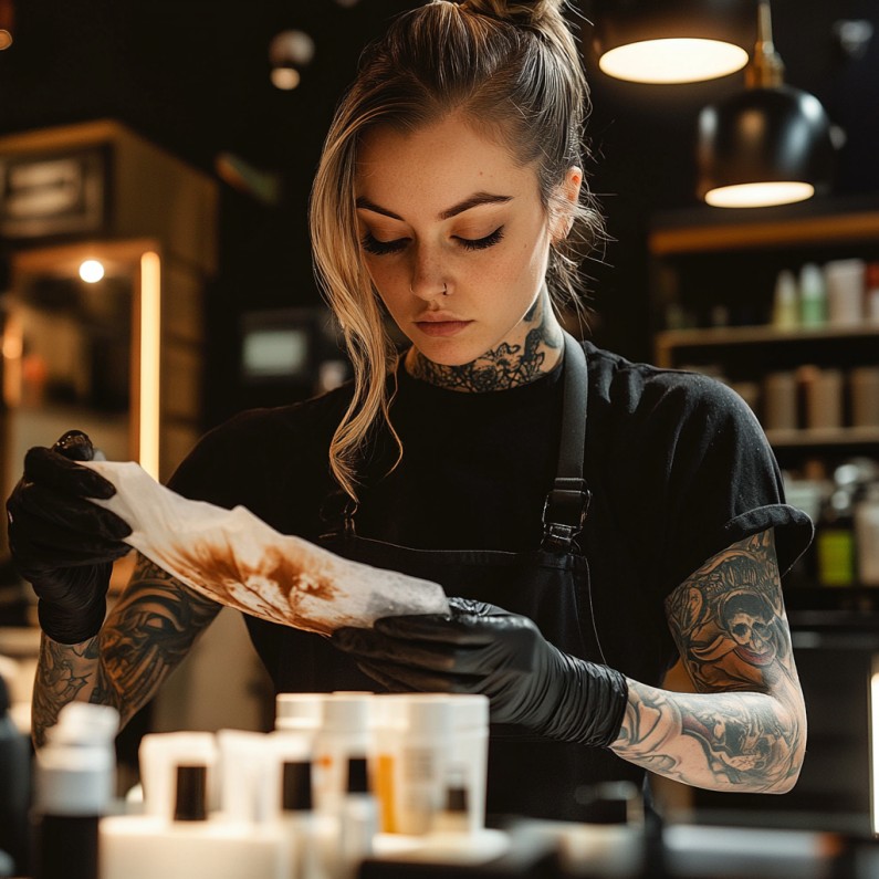 Mujer artista plástica con tatuajes usando guantes de nitrilo negros mientras trabaja con materiales en su taller.