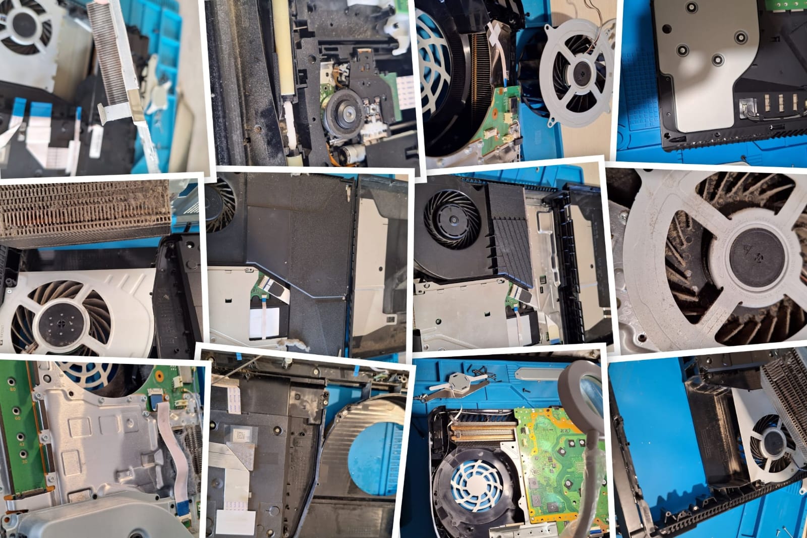 Joystick-gamepad repair, top view. Spare parts, screwdrivers, screws, printed circuit board