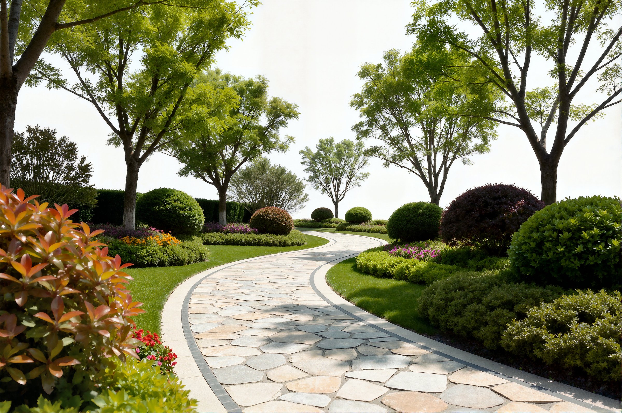 A stone-paved path winds through a peaceful garden with manicured lawns and a variety of trees