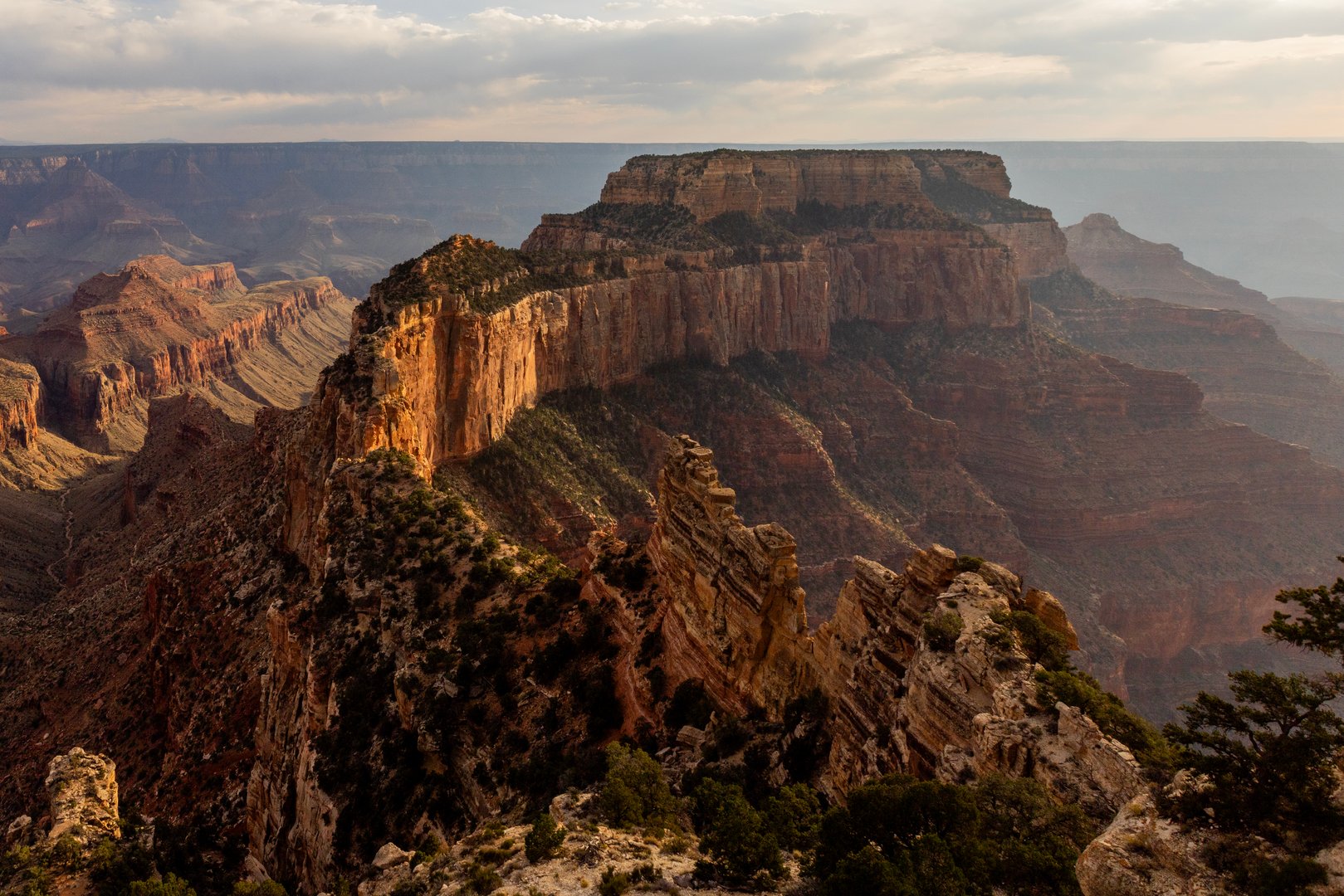 A beautiful golden sunset over the North Rim of the Grand Canyon on a late summers evening in Arizona USA