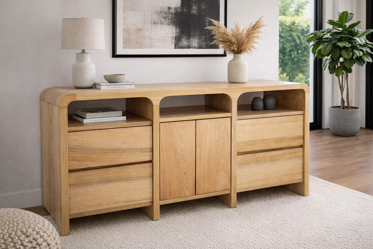 Consola Arco de líneas suaves con esquinas redondeadas, dos módulos de cajones, gabinete central y tres nichos abiertos