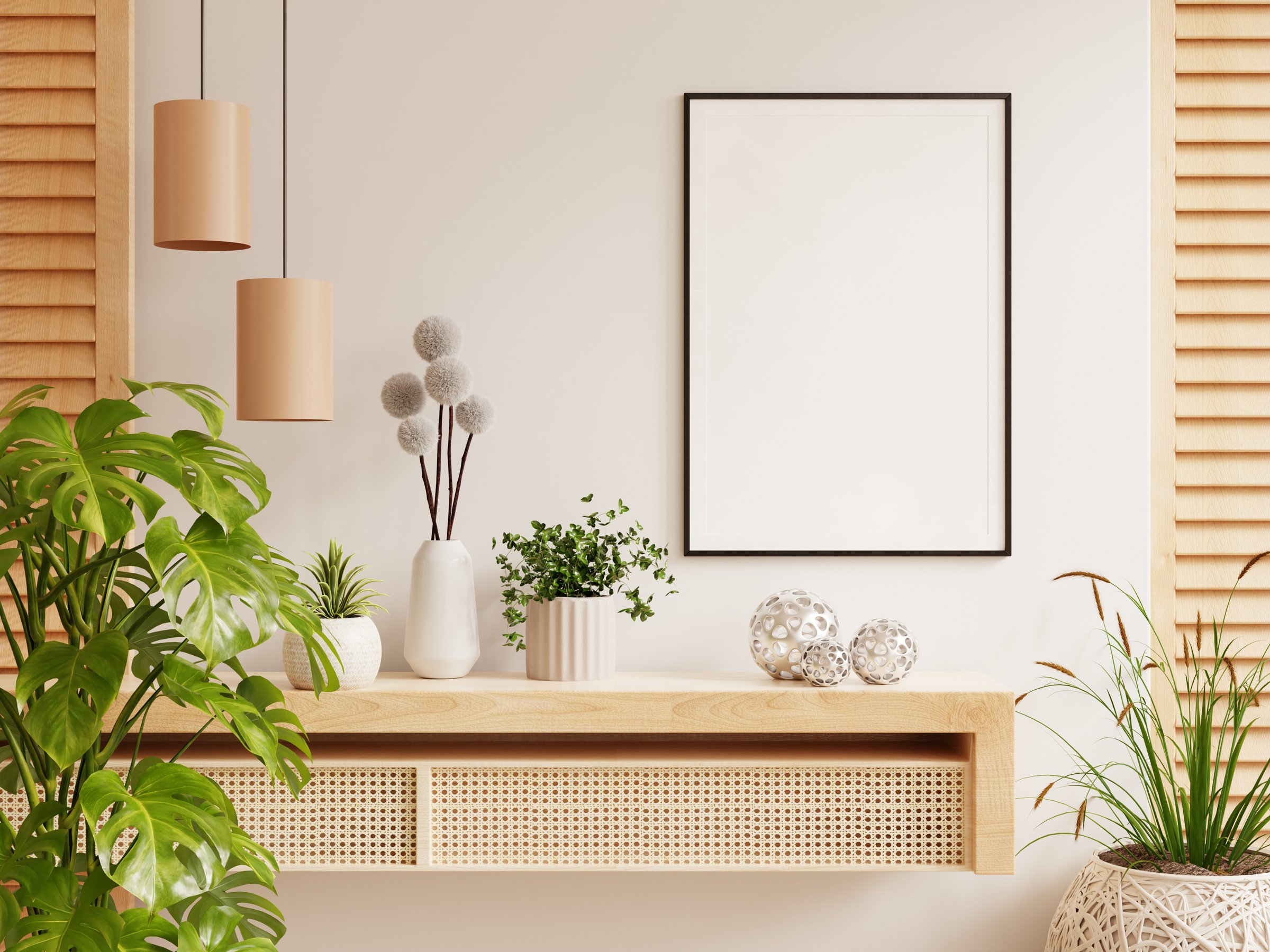 Mockup poster frame close up and wood cabinet in cozy white interior background- 3D rendering