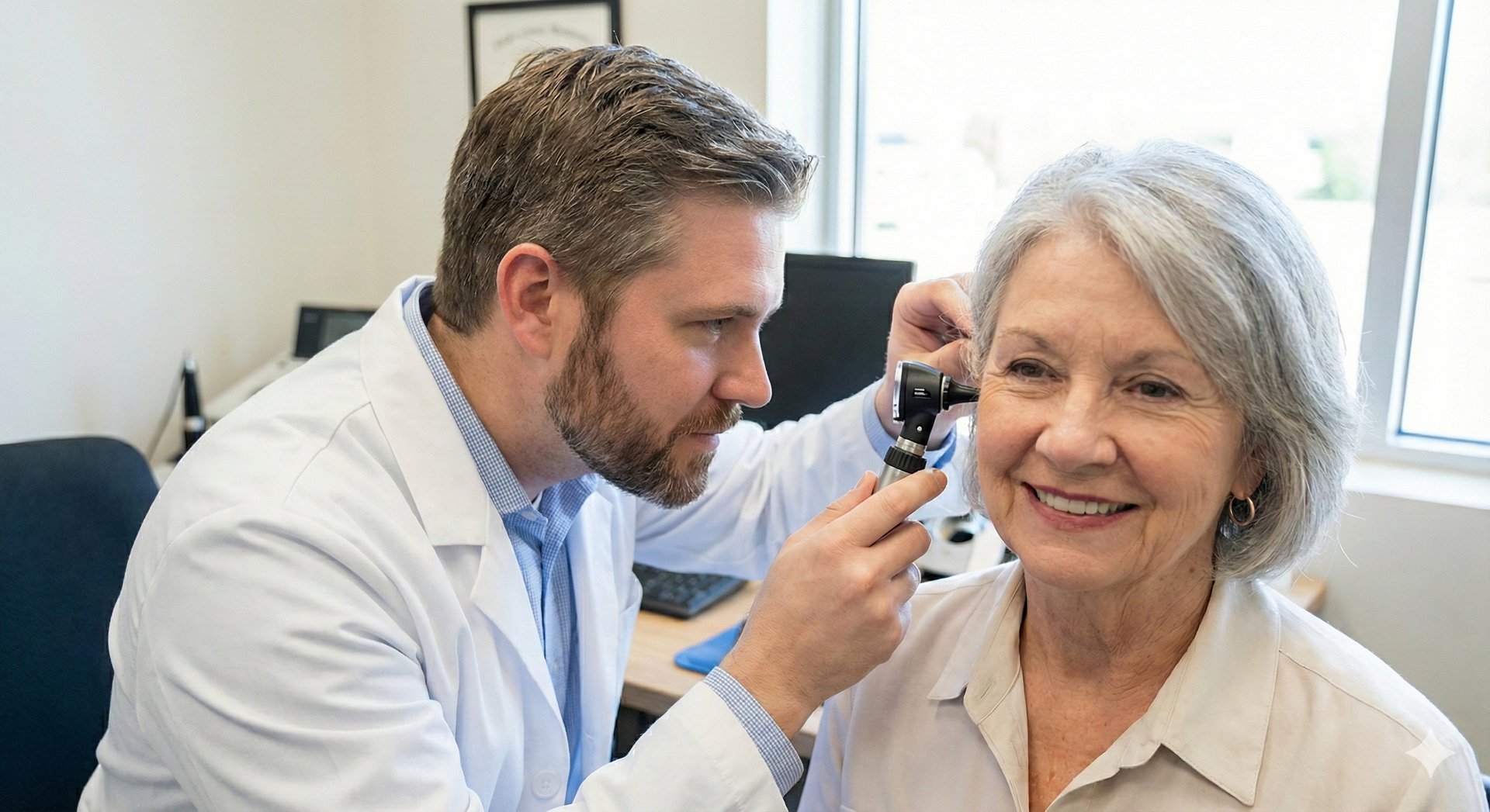 Hearing exam for elderly citizen people. Otolaryngologist doctor checking mature woman's ear using otoscope or auriscope at medical clinic