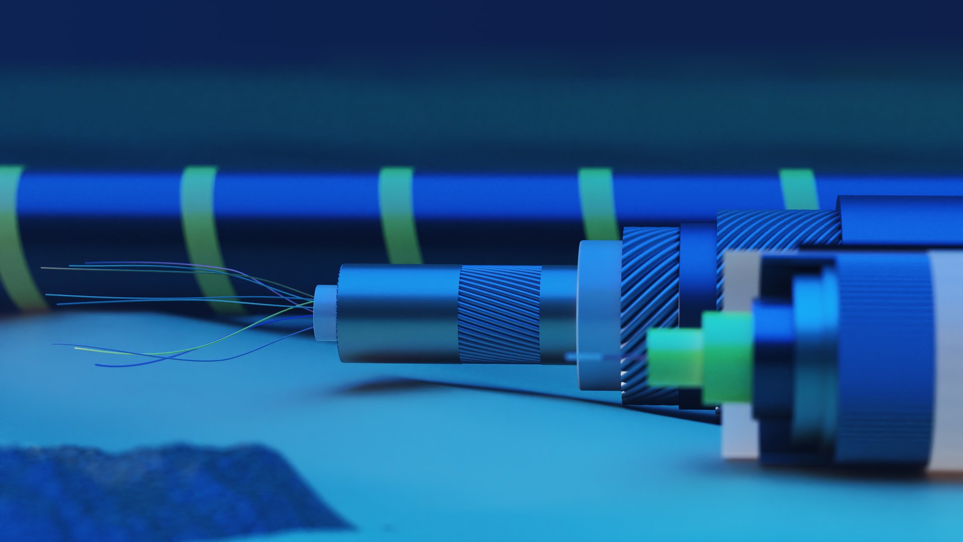 Submarine cable, power cable high voltage in the seabed. 3d render.