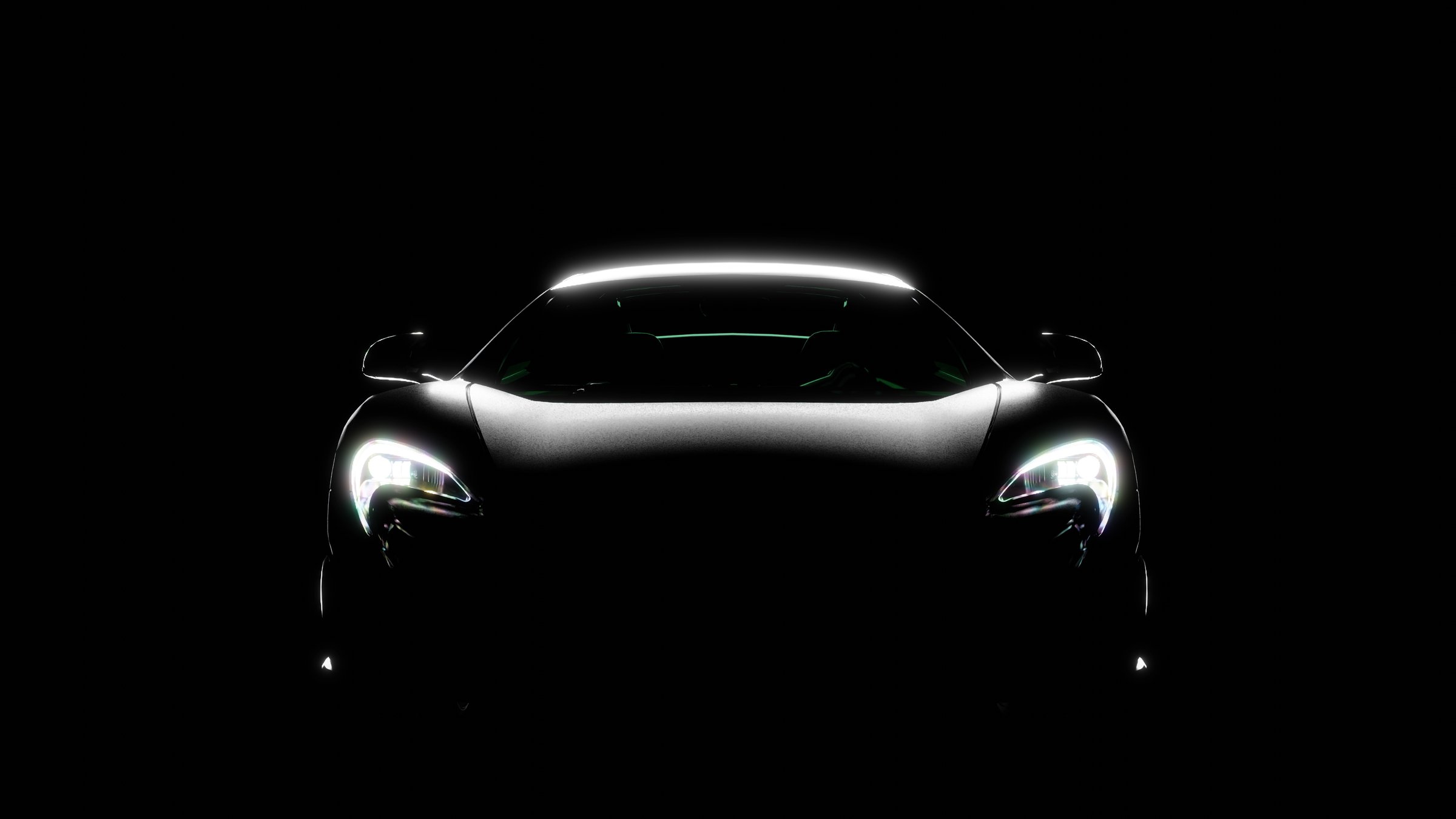 Silhouette of black sports car with headlights on black background, photorealistic 3d illustration render
